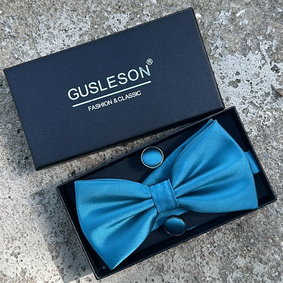 men’s adjustable bowtie and cufflink set wedding prom homecoming teal green blue - Picture 1 of 5